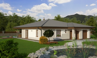 Haus mit Garage und überdachter Terrasse. Die Garage kann zu einem weiteren Zimmer umfunktioniert werden.